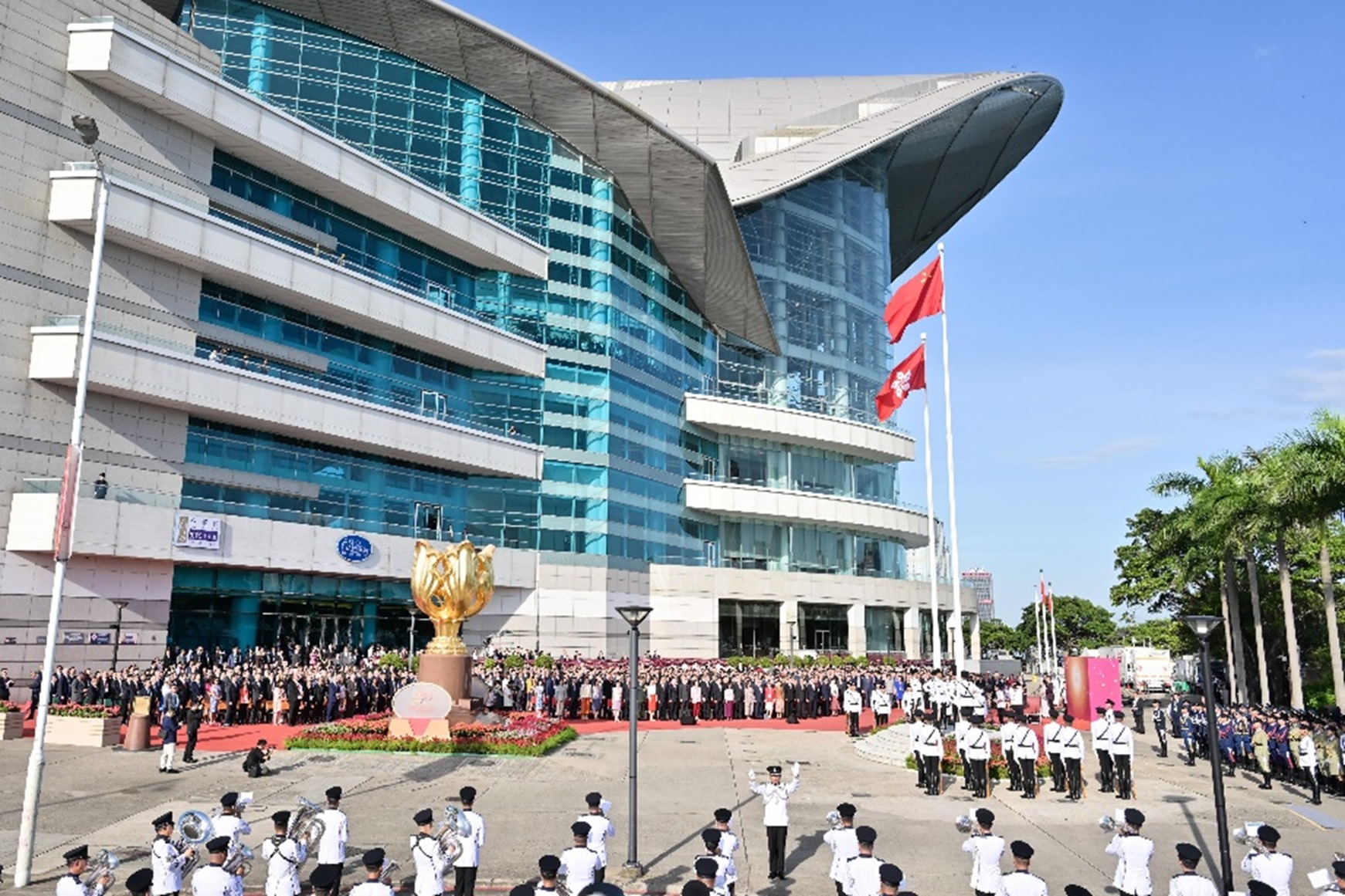 National and HKSAR flags at Bauhinia Square in Wan Chai (2024)